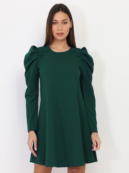 Robe Droite À Manches Gigot- Vert Foncé Femme La Modeuse Robes