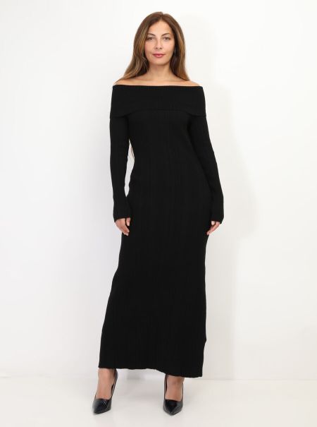 Robe Longue En Maille À Col Bardot- Noir Femme La Modeuse Robes
