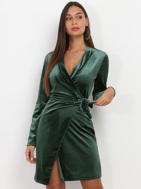 Robe Portefeuille En Velours- Vert La Modeuse Robes Femme