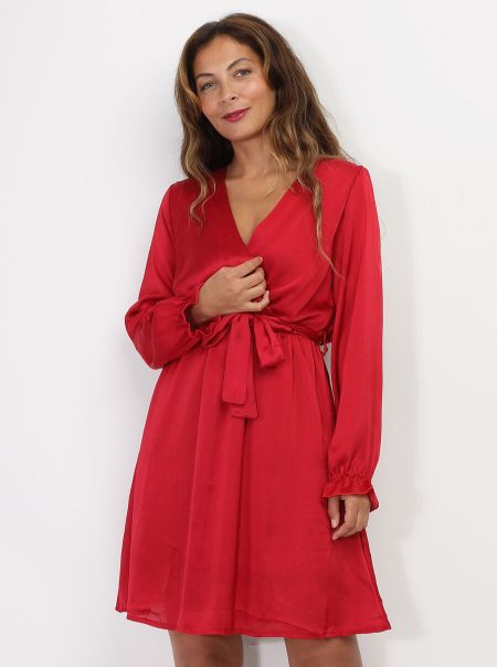 La Modeuse Robe Cache-Coeur Satinée À Ceinture- Rouge Foncé Femme Robes