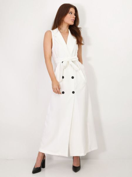 Robe Longue Style Blazer À Nouer- Blanc Femme Robes La Modeuse