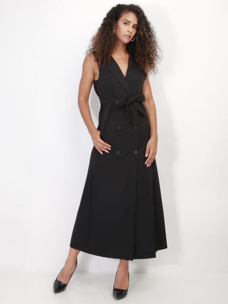 Femme La Modeuse Robe Longue Style Blazer À Nouer- Noir Robes