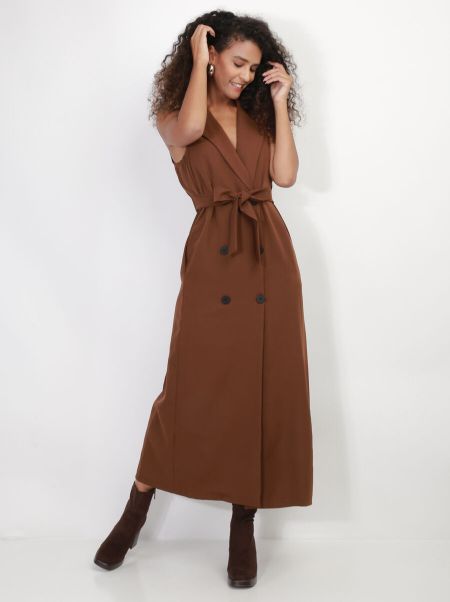 Femme Robe Longue Style Blazer À Nouer- Marron La Modeuse Robes