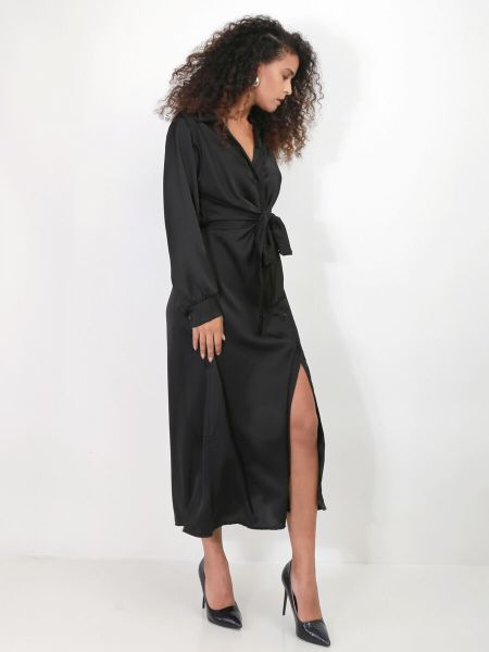 Robe Chemise Longue Et Satinée À Nouer- Noir Robes Femme La Modeuse