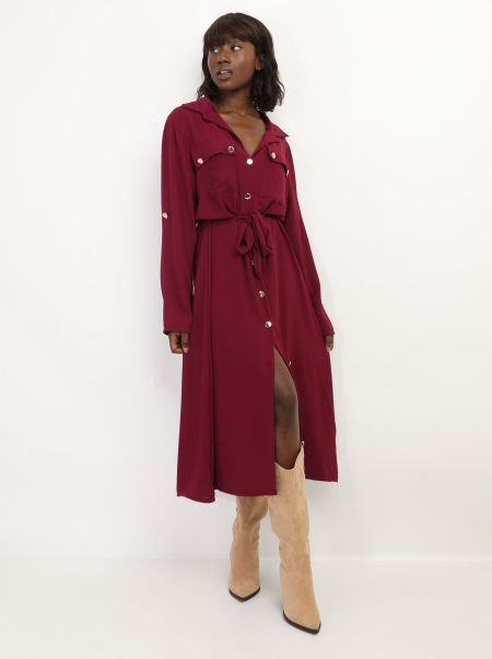 La Modeuse Robes Robe Chemise Mi-Longue À Ceinture- Bordeaux Femme