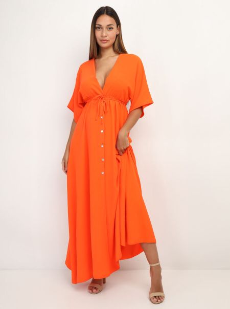 Femme Robes Robe Longue Boutonnée À Fente- Orange La Modeuse
