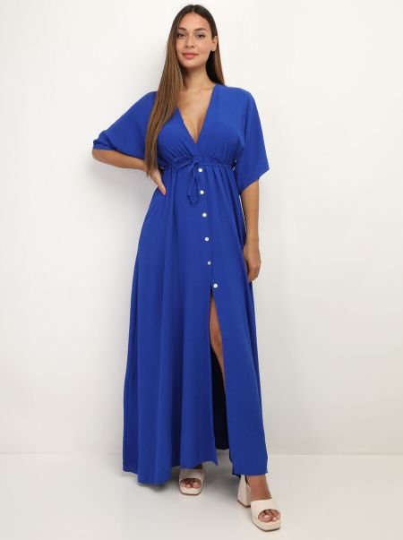 La Modeuse Robes Femme Robe Longue Boutonnée À Fente- Bleu