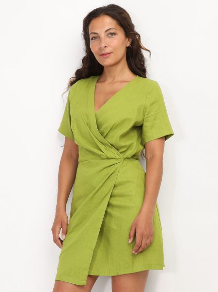Robes Robe Portefeuille En Lin- Vert Olive Femme La Modeuse