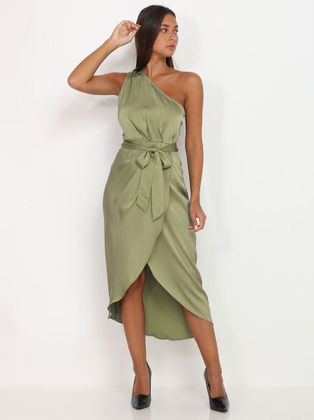 Robes Robe Asymétrique Satinée- Vert Olive La Modeuse Femme