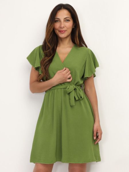 Robes Robe Cache-Cœur Ceinturée À Volants- Vert Olive Femme La Modeuse