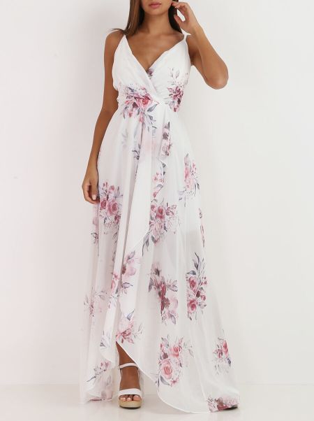 Robe Longue Fendue À Fleurs Romantiques- Blanc La Modeuse Femme Robes