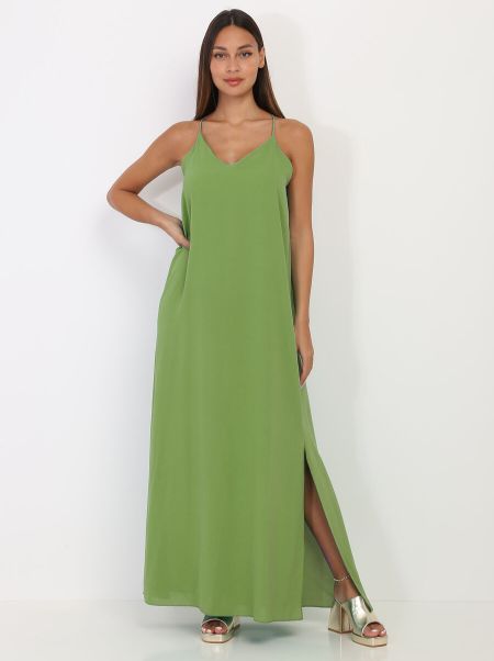 La Modeuse Robes Femme Robe Longue Fendue À Dos Croisé- Vert Olive