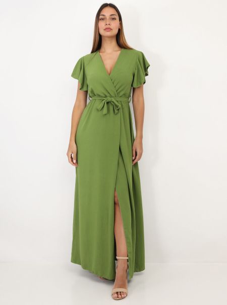 Robes Robe Longue Fendue À Col Cache Coeur- Vert Olive La Modeuse Femme