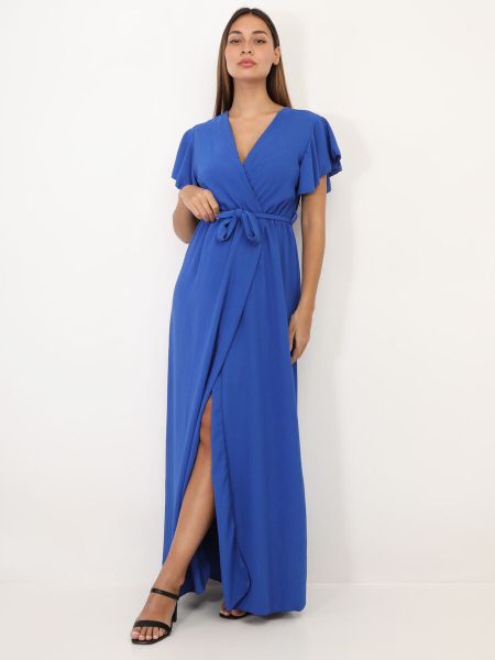 Robes Femme La Modeuse Robe Longue Fendue À Col Cache Coeur- Bleu