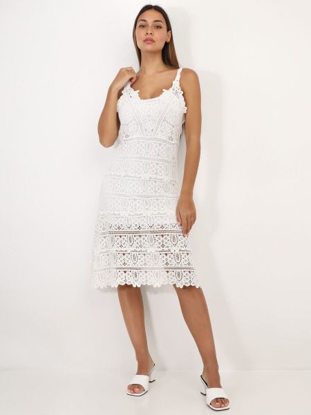 Femme La Modeuse Robes Robe Mi-Longue En Crochet À Motif- Blanc