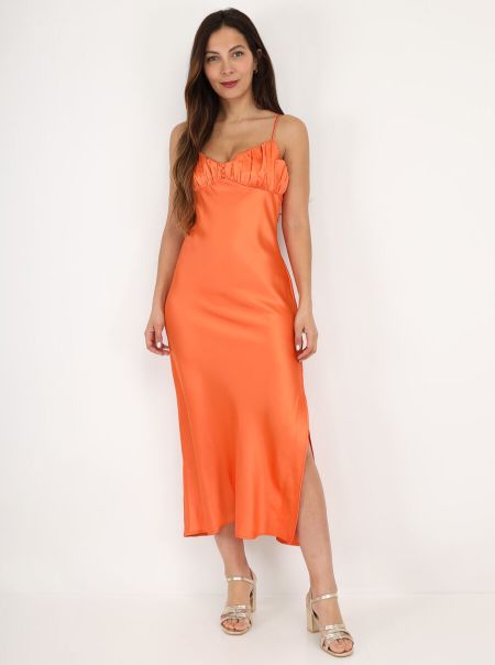 Femme Robes Robe Satinée Style Corset Froncé- Orange La Modeuse