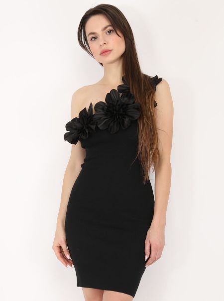 La Modeuse Robes Femme Robe Asymétrique À Fleurs 3D- Noir
