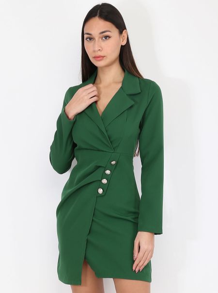 Robes Femme La Modeuse Robe Portefeuille À Boutons Officiers- Vert Foncé