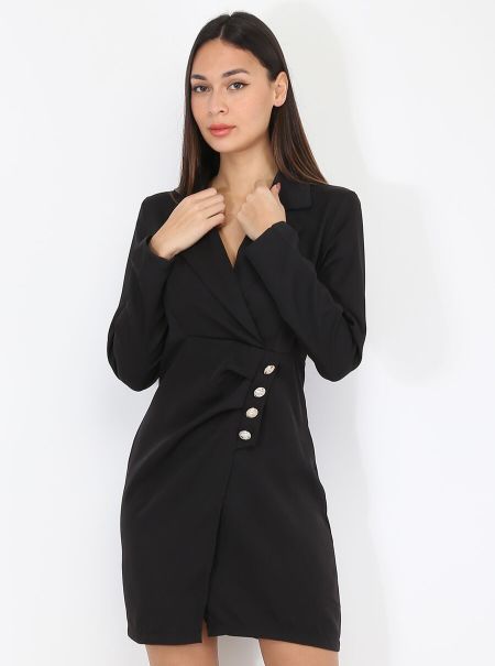 Robe Portefeuille À Boutons Officiers- Noir Femme Robes La Modeuse