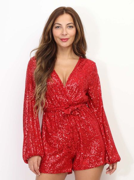 Femme La Modeuse Combinaisons Combi-Short Cache-Cœur À Sequins- Rouge