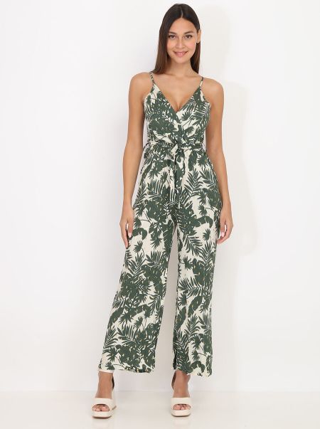 Combinaisons Femme Combinaison Pantalon À Imprimé Tropical- Beige / Vert La Modeuse