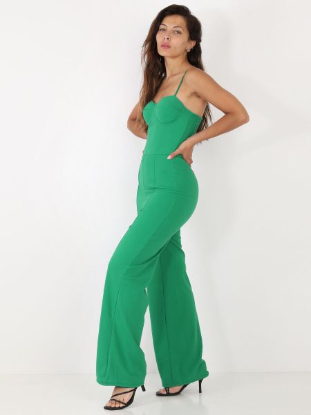 Combinaisons Combinaison Pantalon Évasé À Bretelles- Vert La Modeuse Femme