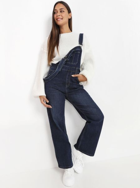 Femme Salopette En Jeans Wideleg- Bleu Combinaisons La Modeuse