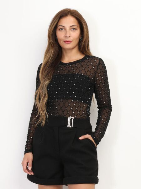 Femme La Modeuse Tops, T-Shirts Body Transparent À Motif Et Paillettes- Noir