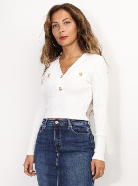 Tops, T-Shirts Top Côtelé À Boutons Dorés- Blanc La Modeuse Femme