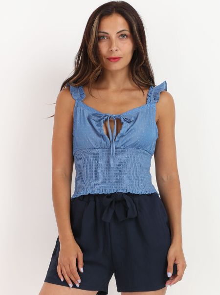 La Modeuse Femme Tops, T-Shirts Top Smocké À Détails- Bleu