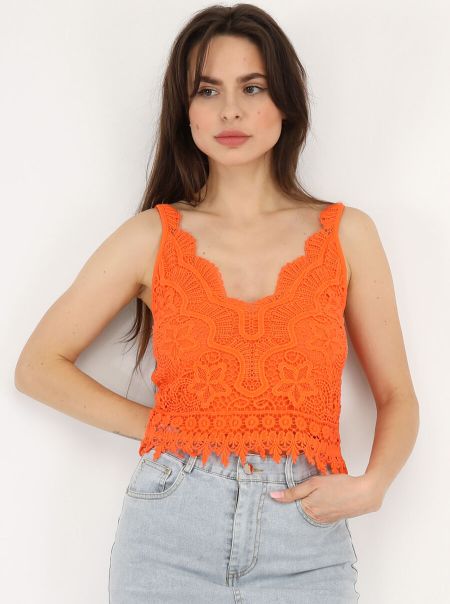 Femme Tops, T-Shirts Top Court En Crochet- Orange La Modeuse