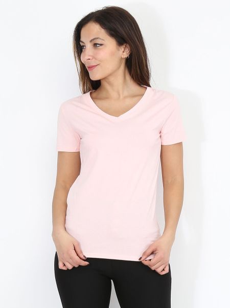 La Modeuse Femme Tops, T-Shirts T-Shirt Basique À Col V- Rose