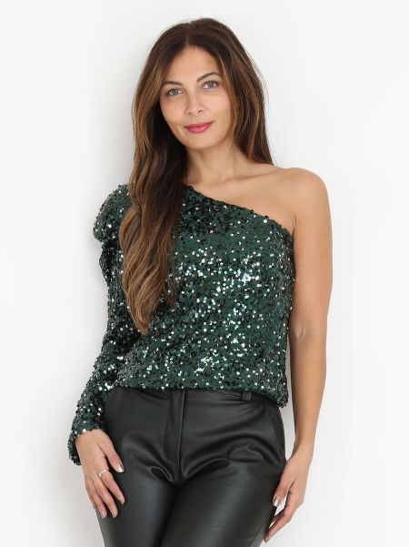 Tops, T-Shirts La Modeuse Femme Top Asymétrique En Sequins- Vert Foncé