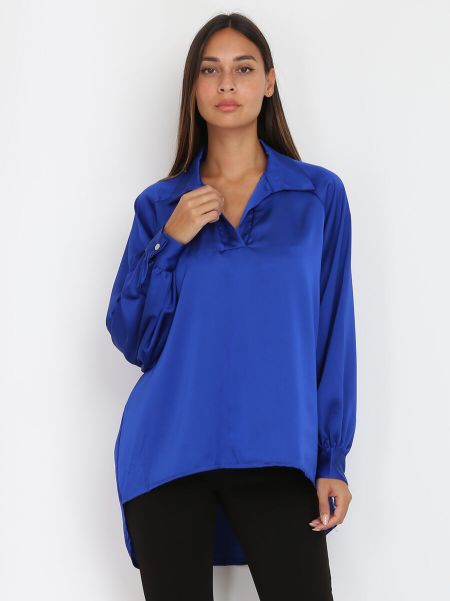Femme La Modeuse Tops, T-Shirts Blouse Oversize Asymétrique Satinée- Bleu