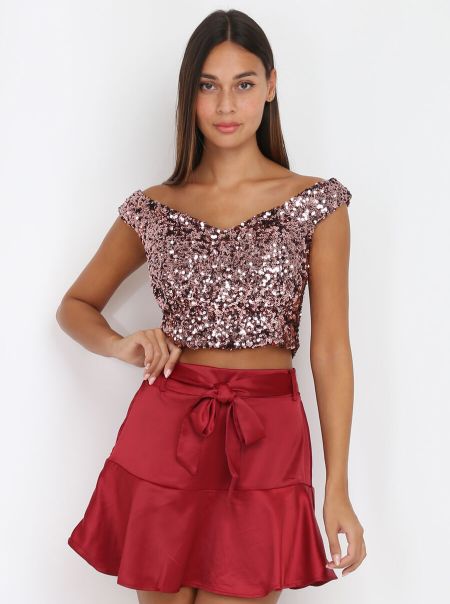 Femme Tops, T-Shirts La Modeuse Crop Top À Détails Paillettes- Rose Bonbon