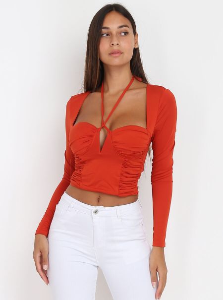 La Modeuse Tops, T-Shirts Femme Top Plissé Cut-Out À Lanières- Orange