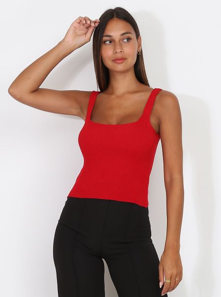 Tops, T-Shirts Femme La Modeuse Crop Top En Maille À Encolure Carrée- Rouge