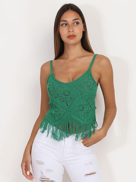 Top En Crochet À Franges- Vert Tops, T-Shirts La Modeuse Femme