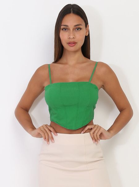 La Modeuse Femme Crop-Top Style Corset À Surpiqûres- Vert Tops, T-Shirts