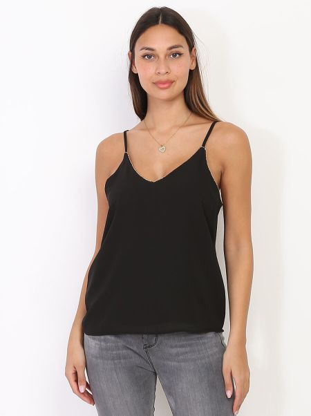 Femme Tops, T-Shirts Caraco Avec Liseré Doré- Noir La Modeuse