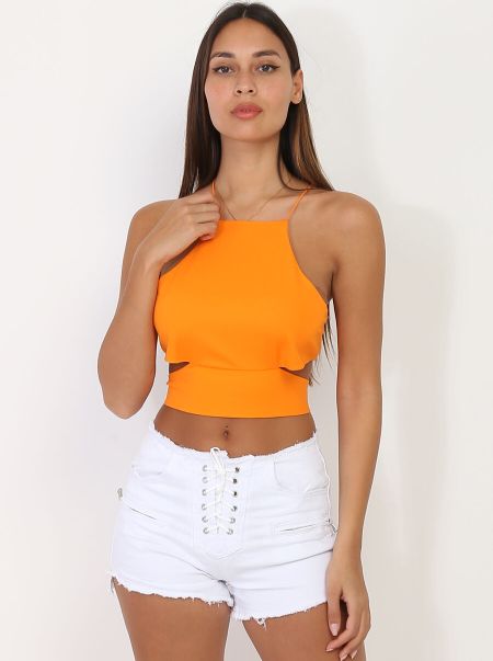 Crop Top Cut Out À Laçage- Orange Femme Tops, T-Shirts La Modeuse