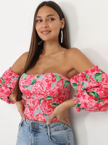 Femme La Modeuse Crop Top Bustier À Motifs- Rose Tops, T-Shirts
