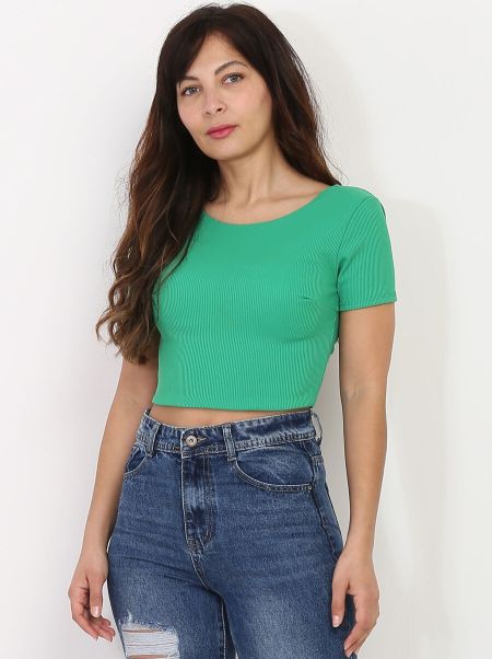 La Modeuse Crop Top Dos Nu À Lanières Croisées- Vert Tops, T-Shirts Femme