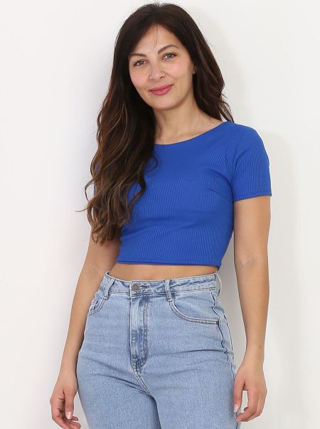La Modeuse Crop Top Dos Nu À Lanières Croisées- Bleu Femme Tops, T-Shirts