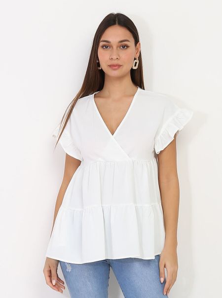 Femme Tops, T-Shirts La Modeuse Top Fluide À Volants- Blanc