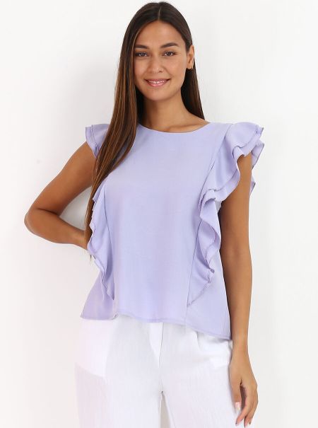 Femme Tops, T-Shirts Top Boutonné À Volants- Violet La Modeuse