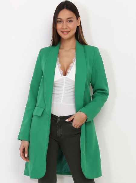 Vestes Femme La Modeuse Blazer Long À Col Châle Et Poches- Vert