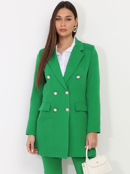 Longue Veste Blazer Avec Boutons Dorés- Vert Vestes La Modeuse Femme