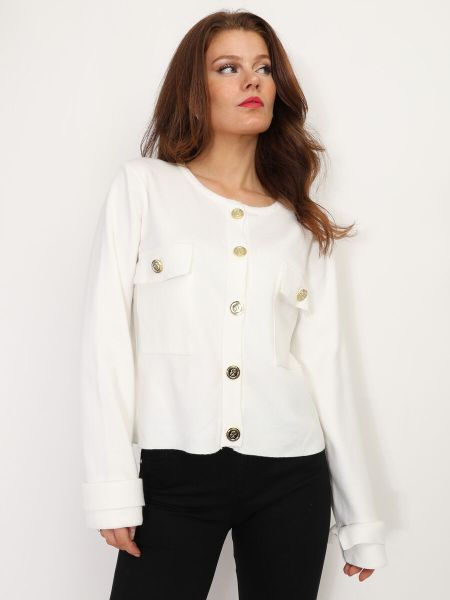 Gilets, Cardigans Femme La Modeuse Cardigan Avec Poches À Rabat Et Boutons Dorés- Blanc