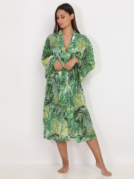 Femme Kimono Mi-Long À Imprimé Tropical- Vert Gilets, Cardigans La Modeuse